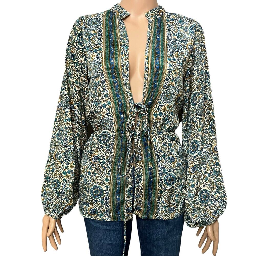 Raga Moulika Tie Front Blouse Small Boho Cottagecore Floral Balloon Sleeve Tan
